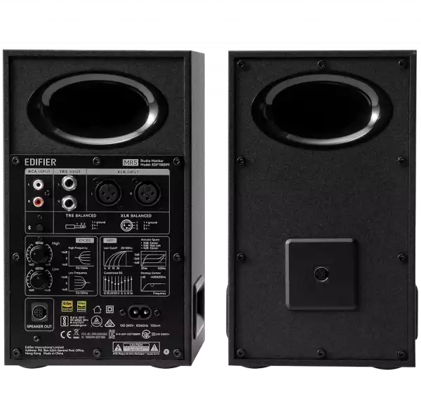 Edifier MR5 Active Studio Monitors (Tri-amped), BT V6.0, Balanced XLR, Balanced TRS, RCA and AUX, which headphone output, 5-inch woofers, 3.75-inch mid-range drivers, and 1-inch silk dome tweeters, 110W (RMS), Room Acoustic Compensation, Black