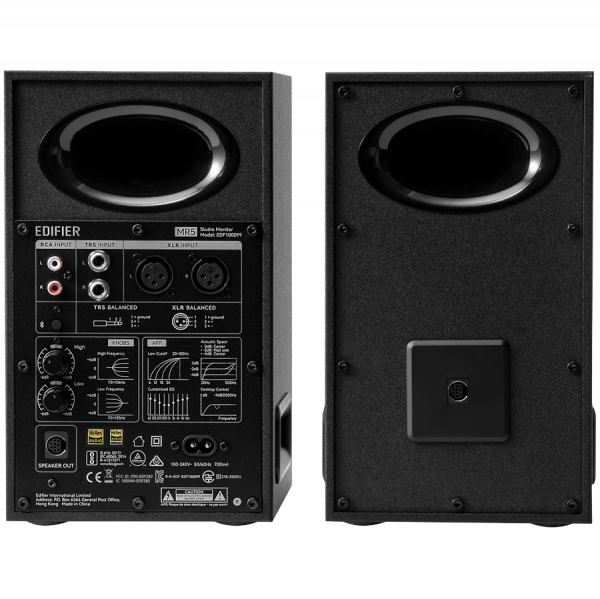 Edifier MR5 Active Studio Monitors (Tri-amped), BT V6.0, Balanced XLR, Balanced TRS, RCA and AUX, with headphone output, 5-inch woofers, 3.75-inch mid-range drivers, and 1-inch silk dome tweeters, 110W (RMS), Room Acoustic Compensation, Black