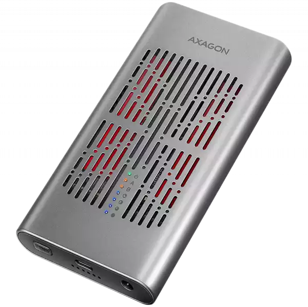 EEM2-20GD USB-C 20Gbps Dual M.2 NVMe SSD CLONE MASTER Enclosure. External USB-C 20Gbps metal box for two M.2 NVMe SSD disks with cloning functionality.