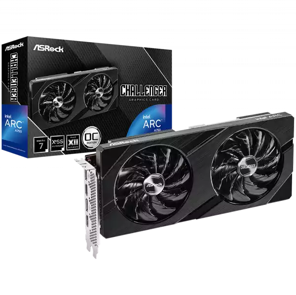 Asrock Intel Arc A750 Challenger D 8GB OC, 256-bit GDDR6, 1x HDMI 2.1, 3x DisplayPort 2.0, 2x 8-pin Power Connectors, recommended PSU 650W.