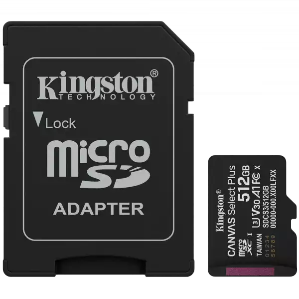 KINGSTON 512GB microSDXC Canvas Select Plus Gen3 150MB/s A1 Card + Adapter KINGSTON 512GB microSDXC Canvas Select Plus Gen3 150MB/s A1 Card + Adapter