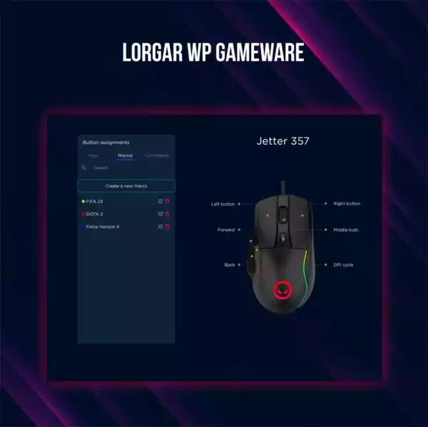 LORGAR Jetter 357, gaming mouse, Optical Gaming Mouse with 6 programmable buttons, Pixart ATG4090 sensor, DPI can be up to 8000, 30 million times key life, 1.8m PVC USB cable, Matt UV coating and RGB lights with 4 LED flowing mode, size:124.90*71.65*41.36mm, 115g