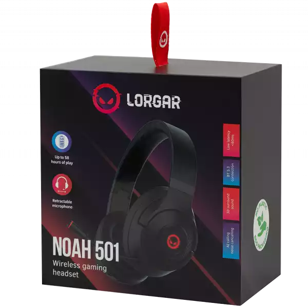 Lorgar Noah 501, gaming bluetooth headset with microphone, BT 5.3 JL7006, battery 1000mAh, type-C charging cable 0.8m, audio cable 1.5m, size:195*185*80mm, 0.28kg. Black