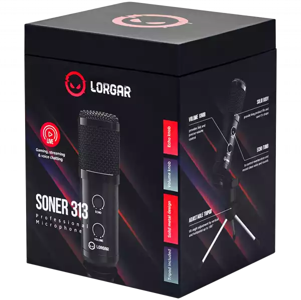 LORGAR Soner 313, Gaming Microphones, Black, USB condenser microphone with Volume Knob & Echo Kob, including 1x Microphone, 1 x 2.5M USB Cable, 1 x Tripod Stand, 1 x User Manual, body size: Φ47.4*158.2*48.1mm, weight: 243.0g