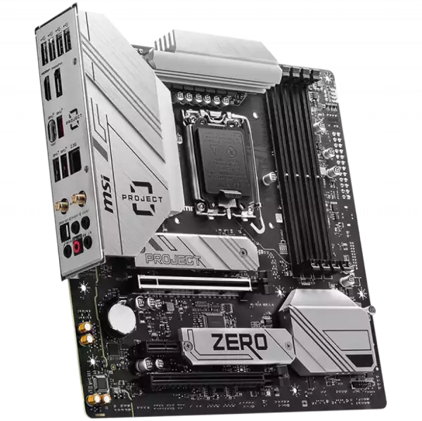 MSI B760M PROJECT ZERO, mATX, Socket LGA 1700, Dual Channel DDR5 7800+(OC)MHz, 2x PCIe x16 slots, 2x M.2 slots, 1x HDMI, 1x DP, 4xUSB 2.0, 3xUSB 10Gbps Type A, 1xUSB 20Gbps Type C, 7.1 HD Audio, 2.5Gbps LAN MSI B760M PROJECT ZERO, mATX, Socket LGA 1700, Dual Channel DDR5 7800+(OC)MHz, 2x PCIe x16 slots, 2x M.2 slots, 1x HDMI, 1x DP, 4xUSB 2.0, 3xUSB 10Gbps Type A, 1xUSB 20Gbps Type C, 7.1 HD Audio, 2.5Gbps LAN