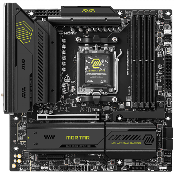 MSI B850M MORTAR WIFI, mATX, Socket AM5, 4x DDR5 Dual Channel DDR5 up to 8200(OC)MHz, 1x PCIe x16 slot, 3x M.2 slot, 4x USB 5Gbps, 1x USB 10Gbps Type-C, 1x USB 20Gbps Type-C, HDMI, DP, 7.1 HD Audio, 5G LAN, WiFI 7, BT, 3Y