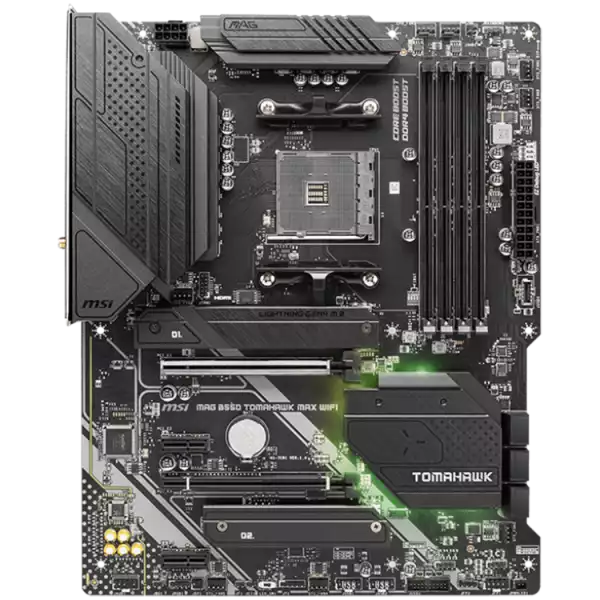 MSI MAG B550 TOMAHAWK MAX WIFI, ATX, Socket AM4, Dual Channel DDR4, 2x PCIe x16 slots, 2x M.2 slots, 1x HDMI, 1x DP, 2x USB 3.2 Gen 2, 2x USB 3.2 Gen 1, 4x USB 2.0 ports, 7.1 HD Audio, 2.5Gbps LAN, 3Y