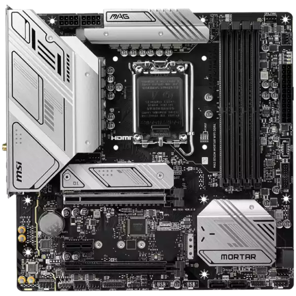 MSI MAG B760M MORTAR WIFI DDR4, mATX, Socket 1700, Dual Channel DDR4 5333(OC)MHz, 2x PCIe x16 slots, 2x M.2 slots, 1x HDMI, 1x DP, 1x USB 3.2 Gen 2x2 Type-C, 3x USB 3.2 Gen 2, 4x USB 2.0, 7.1 HD Audio, 2.5Gbps LAN, WI-FI 6E, BT, 3Y