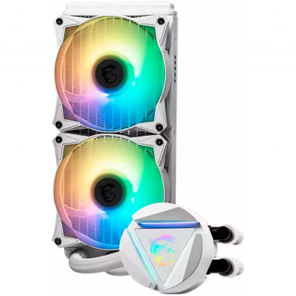 MSI MAG CORELIQUID 240R V2 White Liquid Cooler, 2x 120mm ARGB 2000rpm PWM Fans, ARGB Block, Radiator Pump Design, Rotatable Blockhead, Intel LGA 115x/1200/1700/1366/2011/2066, AMD AM5/AM4/FM2+/FM2/FM1/AM3+/AM3/AM2+/AM2, 3Y Warranty