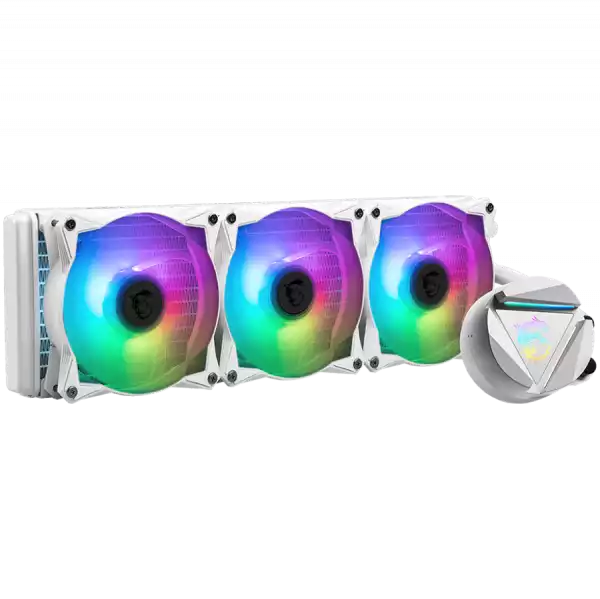 MSI MAG CORELIQUID 360R V2 WHITE Liquid Cooler, 3x 120mm ARGB 2000rpm PWM Fans, ARGB Block, Radiator Pump Design, Rotatable Blockhead, Intel LGA 115x/1200/1700/1366/2011/2066, AMD AM5/AM4/FM2+/FM2/FM1/AM3+/AM3/AM2+/AM2/TR4/sTRX4/SP3, 3Y Warranty