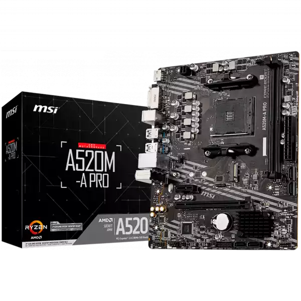 MSI Main Board Desktop A520M (AM4, 2xDDR4, 1xPCI-Ex16, 1xPCI-Ex1, M.2, 4xSATA3, 6xUSB3.2 Gen1, 6xUSB2.0, HD Audio, DVI-D, HDMI, GLAN) mATX Retail