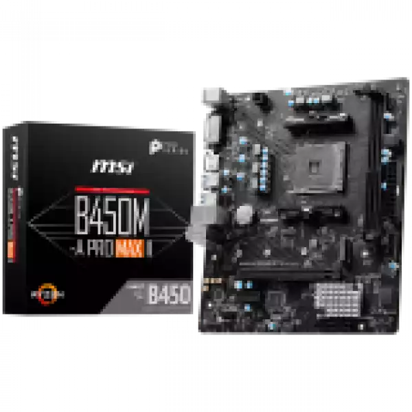 MSI Main Board Desktop B450M-A PRO MAX II, mATX, AMD Ryzen 5000, Socket AM4, 2xDDR4, 1xHDMI, 1xPCI-Ex16, 1xM.2, 2 x USB3.2 Gen 1, 4 x USB2.0, 4xSATA, 7.1 Audio, 2.5G LAN, 3Y
