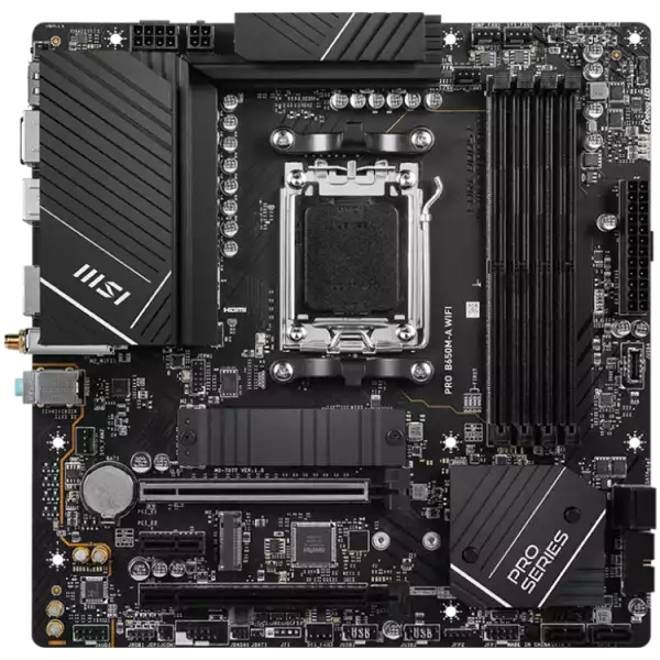 MSI Main Board Desktop PRO B650M-A WIFI (AM5, 4x DDR5, HDMI, DP, 2x PCI-E x16, 2x PCI-E x16, 2x M.2, 4x SATA 6G, 4x USB 2.0, 6x USB 3.2 Gen1 Type A, 4x USB 3.2 Gen2 Type A, 1x USB 3.2 Gen2 Type C, 2.5GLAN, Wi-Fi 6E, BT5.2) mATX