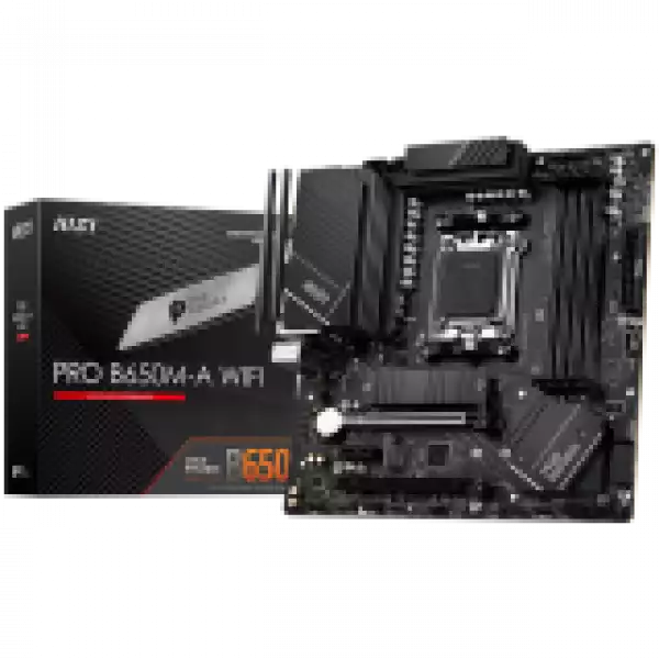 MSI Main Board Desktop PRO B650M-A WIFI (AM5, 4x DDR5, HDMI, DP, 2x PCI-E x16, 2x PCI-E x16, 2x M.2, 4x SATA 6G, 4x USB 2.0, 6x USB 3.2 Gen1 Type A, 4x USB 3.2 Gen2 Type A, 1x USB 3.2 Gen2 Type C, 2.5GLAN, Wi-Fi 6E, BT5.2) mATX