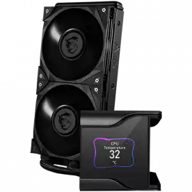 MSI MEG CORELIQUID S280 Liquid Cooler, 2x MEG SILENT GALE P14 1800rpm PWM Fans, 2.4” Customizable IPS Display, VRM Fan, Intel LGA 115x/1200/1700/2011/2066, AMD AM5/AM4/AM3+/AM3/AM2+/AM2/FM2+/FM2/FM1, 5Y Warranty