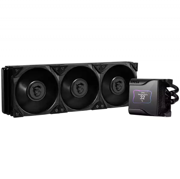 MSI MEG CORELIQUID S360, 2.4” Customizable IPS Display, 3x MEG SILENT GALE P12 2000rpm PWM Fans, VRM Fan, Intel LGA 115x/1200/1700/2011/2066, AMD AM5/AM4/AM3+/AM3/AM2+/AM2/FM2+/FM2/FM1/TR4/sTRX4/SP3, 5Y Warranty