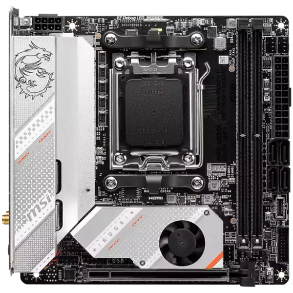 MSI MPG B650I EDGE WIFI, m-ITX, Socket AM5, Dual Channel DDR5 6600+MHz (OC), 1x PCIe x16 slot, 2x M.2 slot, 1x HDMI, 3x USB 3.2 Gen 2, 2x USB 3.2 Gen 1, 1x USB 3.2 Gen2x2 Type C, 7.1 HD Audio, 2.5Gbps LAN, WIFI, BT, 3Y