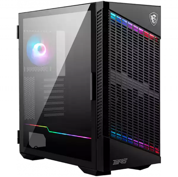 MSI MPG VELOX 100P AIRFLOW, Mid-Tower, ATX/Micro-ATX/Mini-ITX, 2x USB 3.2 Gen 1 Type-A, 1x USB 3.2 Gen 2x2 Type-C, 1xAudio/1xMic, 4x 120mm Fans (1x ARGB), ARGB Hub, Mesh Front Panel, Vertical GPU Bracket (No Riser Cable Included), Temp Glass +4RGB st