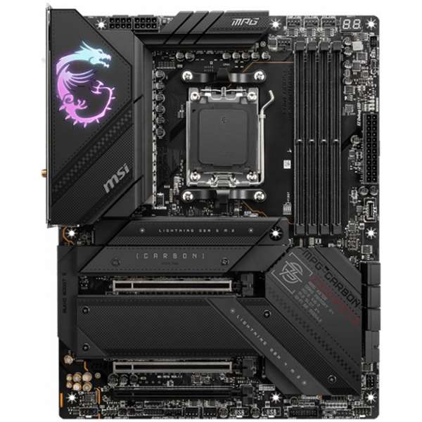 MSI MPG X670E CARBON WIFI, ATX, Socket AM5, 4x DDR5, Type-C DP, 3x PCI-E x16 slots, 4x M.2 slots, 1x HDMI, 2x DP (1x Type-C), 6x USB 3.2 Gen2, 1x USB 3.2 Gen2, 1x USB 3.2 Gen2x2, 2x USB 2.0, Type-C, 7.1 HD Audio, 2.5Gbps LAN, Wi-Fi 6E, BT, 3Y