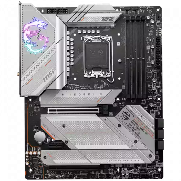 MSI MPG Z790 EDGE WIFI , ATX, LGA 1700, Dual Channel 4xDDR5 7299+(OC)MHz, 2x PCIe x16 slots, 5x M.2 slots, 1x HDMI, 1x DP, 1x USB 3.2 Gen 2x2, 4x USB 3.2 Gen 2, 4x USB 2.0, Type-C, 7.1 HD Audio, 2.5Gbps LAN, WI-FI 6E, BT, 3Y