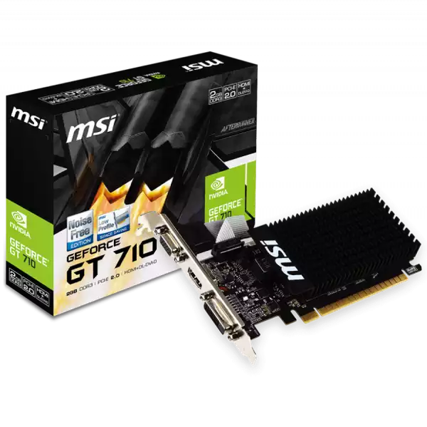 MSI Video Card NVidia GeForce GT 710, 2048MB DDR3, 64-bit, 12.8 GB/s, 1600 Mbps Effective Memory Speed, 954 MHz Clock, PCI Express 2.0, HDMI 1.4, Dual-link DVI-D, D-Sub, 300W Recommended PSU MSI Video Card NVidia GeForce GT 710, 2048MB DDR3, 64-bit, 12.8 GB/s, 1600 Mbps Effective Memory Speed, 954 MHz Clock, PCI Express 2.0, HDMI 1.4, Dual-link DVI-D, D-Sub, 300W Recommended PSU