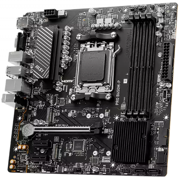 MSI PRO B650M-P,ATX, Socket AM5,AMD B650, 4xDDR5, Dual Channel DDR5 up to 7200+(OC)MHz,1x PCIe 4.0/3.0 x16 slot,2x M.2 slots,2x USB 3.2 Gen 2 (1x Type-C),2x USB 3.2 Gen 1,4x USB 2.0,1x HDMI,1x DP,2.5G LAN,7.1 Audio,3y warranty MSI PRO B650M-P,ATX, Socket AM5,AMD B650, 4xDDR5, Dual Channel DDR5 up to 7200+(OC)MHz,1x PCIe 4.0/3.0 x16 slot,2x M.2 slots,2x USB 3.2 Gen 2 (1x Type-C),2x USB 3.2 Gen 1,4x USB 2.0,1x HDMI,1x DP,2.5G LAN,7.1 Audio,3y warranty