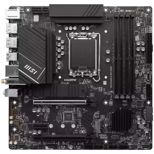 MSI PRO B760M-A WIFI DDR4, mATX, Socket 1700, Dual Channel DDR4 5333(OC)MHz, 2x PCIe x16 slots, 2x M.2 slots, 2x HDMI, 2x DP, 2x USB 3.2 Gen 2, 2x USB 3.2 Gen 1, 2x USB 2.0, 7.1 HD Audio, 2.5Gbps LAN, WI-FI 6E, BT, 3Y