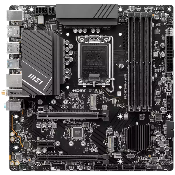 MSI PRO B760M-A WIFI, mATX, Socket 1700, Dual Channel 6800(OC)MHz, 2x PCIe x16 slots, 2x M.2 slots, 2x HDMI, 2x DP, 2x USB 3.2 Gen 2, 2x USB 3.2 Gen 1, 2x USB 2.0, 7.1 HD Audio, 2.5Gbps LAN, WI-FI 6E, BT, 3Y