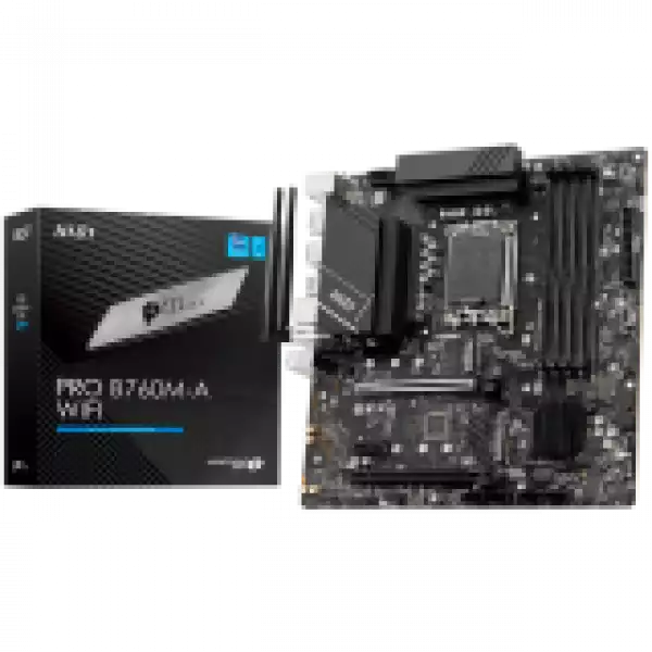 MSI PRO B760M-A WIFI, mATX, Socket 1700, Dual Channel 6800(OC)MHz, 2x PCIe x16 slots, 2x M.2 slots, 2x HDMI, 2x DP, 2x USB 3.2 Gen 2, 2x USB 3.2 Gen 1, 2x USB 2.0, 7.1 HD Audio, 2.5Gbps LAN, WI-FI 6E, BT, 3Y MSI PRO B760M-A WIFI, mATX, Socket 1700, Dual Channel 6800(OC)MHz, 2x PCIe x16 slots, 2x M.2 slots, 2x HDMI, 2x DP, 2x USB 3.2 Gen 2, 2x USB 3.2 Gen 1, 2x USB 2.0, 7.1 HD Audio, 2.5Gbps LAN, WI-FI 6E, BT, 3Y