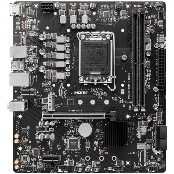 MSI PRO B760M-B DDR4, mATX, Socket 1700, Dual Channel DDR4 4800(OC)MHz, 1x PCIe x16 slots, 2x M.2 slots, 1x HDMI, 1x DP, 1x VGA, 1x USB 3.2 Gen 2 Type-C, 1x USB 3.2 Gen 1, 4x USB 2.0, 2x ARGB Headers, 7.1 HD Audio, 1Gbps LAN, 3Y