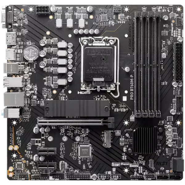 MSI PRO B760M-P, mATX, LGA 1700, Dual Channel DDR5 6800, 1x PCIe x16 slots, 2x M.2 slots, 1x HDMI, 1x DP, 1x VGA, 1x USB 3.2 Gen 2 Type-C, 1x USB 3.2 Gen 1, 4x USB 2.0, 7.1 HD Audio, 1Gbps LAN, 3Y