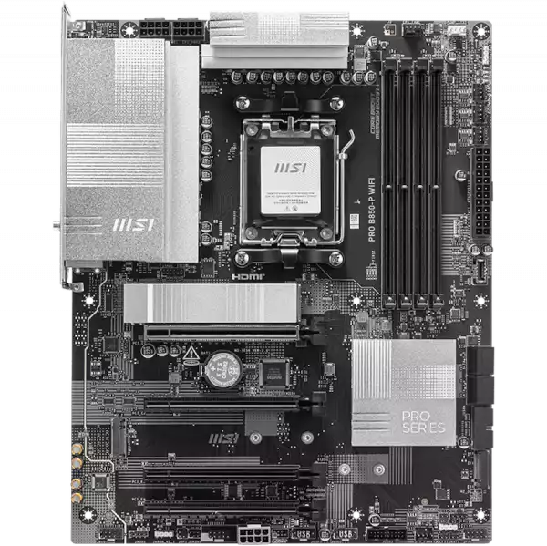 MSI PRO B850-P WIFI, ATX, Socket AM5, 4x DDR5 Dual Channel DDR5 up to 8200(OC)MHz, 4x PCIe 3.0 16 slots, 3x M.2 slots, 4x USB 2.0, 1x USB 5Gbps, 1x USB 10Gbps, 2x USB 10Gbps Type-C, HDMI, 7.1 HD Audio, 5G LAN, WiFI 7, BT, 3Y