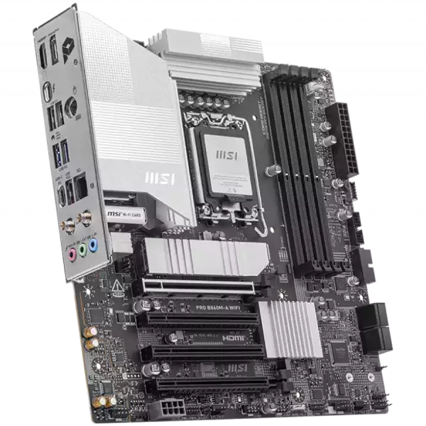 MSI PRO B860M-A WIFI, mATX, LGA 1851, 4x DDR5 Dual Channel DDR5 up to 8600(OC)MHz, 4x PCIe x16 slot, 3x M.2 slot, 2x USB 2.0, 2x USB 5Gbps, 1x USB 10Gbps, 1x USB 5Gbps Type-C, HDMI, DP, 7.1 HD Audio, 5G LAN, WiFi , BT, 3Y MSI PRO B860M-A WIFI, mATX, LGA 1851, 4x DDR5 Dual Channel DDR5 up to 8600(OC)MHz, 4x PCIe x16 slot, 3x M.2 slot, 2x USB 2.0, 2x USB 5Gbps, 1x USB 10Gbps, 1x USB 5Gbps Type-C, HDMI, DP, 7.1 HD Audio, 5G LAN, WiFi , BT, 3Y