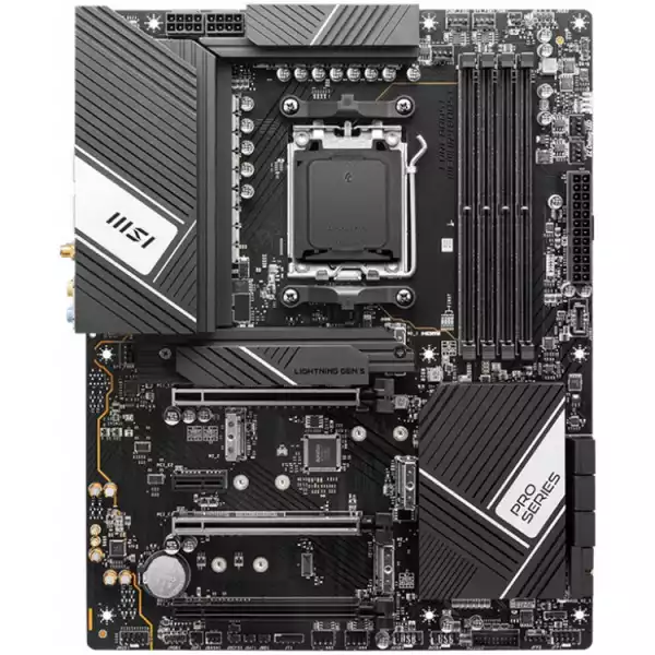 MSI PRO X670-P WIFI, ATX, Socket AM5, 4x DDR5, 3x PCI-E x16 slots, 4x M.2 slots, 1x HDMI, 2x DP (1x Type-C), 4x USB 3.2 Gen1, 2x USB 3.2 Gen2, 1x USB 3.2 Gen2, 1x USB 3.2 Gen2x2, Type-C, 7.1 HD Audio, 2.5G LAN, Wi-Fi 6E, BT, 3Y