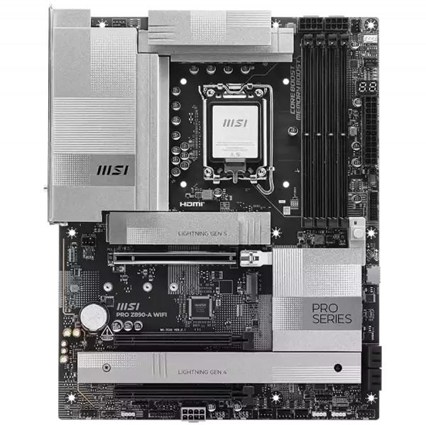 MSI PRO Z890-A WIFI, LGA 1851, Dual Channel DDR5 up to 9200(OC)MHz, 3x PCIe x16 slots, 4x M.2 slot, 4xUSB 5Gbps, 3xUSB 10Gbps A, 1xUSB 10 Gbps C, 2xThunderbolt 40Gbps Type-C, HDMI, 5G LAN, WIFI, 7.1 Audio, 3Y
