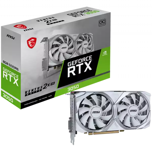 MSI Video Card Nvidia GeForce RTX 3050 VENTUS 2X XS WHITE 8G OC, 8GB GDDR6, 128bit, Boost: 1807 MHz, 2560 CUDA Cores, PCIe 4.0, 1x DP 1.4a, 1xHDMI 2.1a, 1xDL-DVI-D, RAY TRACING, Dual Fan, 500W, 3Y