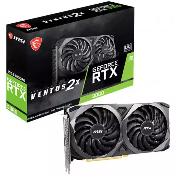 MSI Video Card Nvidia GeForce RTX 3060 VENTUS 2X 12G OC, 12GB GDDR6, 192-bit, 360 GB/s, 15 Gbps Effective Memory Clock, 1807 MHz Boost, 3584 CUDA Cores, PCIe 4.0, 3x DisplayPort 1.4a, HDMI 2.1, RAY TRACING, Dual Fan, 550W Recommended PSU, Metal Backplate, 3Y MSI Video Card Nvidia GeForce RTX 3060 VENTUS 2X 12G OC, 12GB GDDR6, 192-bit, 360 GB/s, 15 Gbps Effective Memory Clock, 1807 MHz Boost, 3584 CUDA Cores, PCIe 4.0, 3x DisplayPort 1.4a, HDMI 2.1, RAY TRACING, Dual Fan, 550W Recommended PSU, Metal Backplate, 3Y