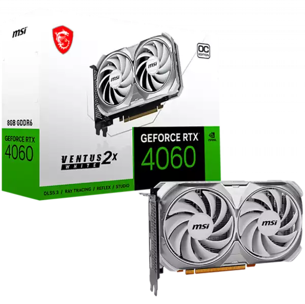 MSI Video Card Nvidia GeForce RTX 4060 VENTUS 2X WHITE 8G OC, 8GB GDDR6, 128bit, Boost: 2490 MHz, 3072 CUDA Cores, PCIe 4.0, 3x DP 1.4a, HDMI 2.1a, RAY TRACING, Dual Fan, 1x 8pin, 550W Recommended PSU, 3Y