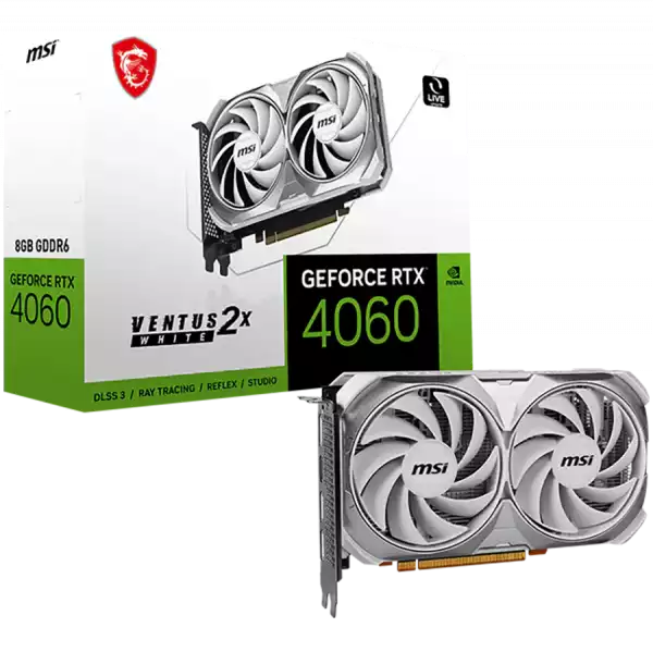 MSI Video Card Nvidia GeForce RTX 4060 VENTUS 2X WHITE 8G, 8GB GDDR6, 128bit, Boost: 2475 MHz, 3072 CUDA Cores, PCIe 4.0, 3x DP 1.4a, HDMI 2.1a, RAY TRACING, Dual Fan, 1x 8pin, 550W Recommended PSU, 3Y MSI Video Card Nvidia GeForce RTX 4060 VENTUS 2X WHITE 8G, 8GB GDDR6, 128bit, Boost: 2475 MHz, 3072 CUDA Cores, PCIe 4.0, 3x DP 1.4a, HDMI 2.1a, RAY TRACING, Dual Fan, 1x 8pin, 550W Recommended PSU, 3Y