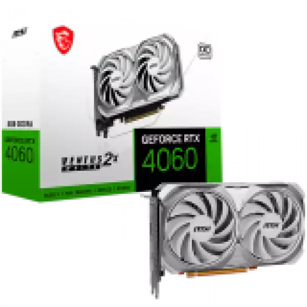 MSI Video Card Nvidia GeForce RTX 4060 VENTUS 2X WHITE 8G OC, 8GB GDDR6, 128bit, Boost: 2490 MHz, 3072 CUDA Cores, PCIe 4.0, 3x DP 1.4a, HDMI 2.1a, RAY TRACING, Dual Fan, 1x 8pin, 550W Recommended PSU, 3Y