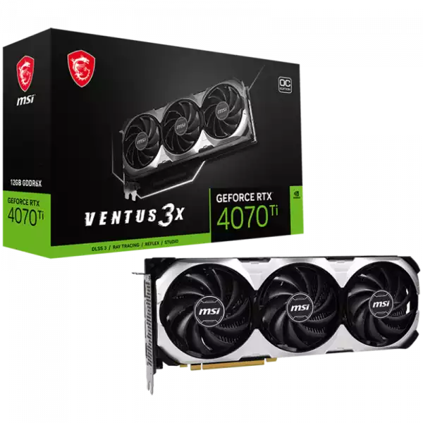 MSI Video Card Nvidia GeForce RTX 4070 Ti VENTUS 3X 12G OC, 12GB GDDR6X, 192bit, Effective Memory Clock: 21000MHz, Boost: 2640 MHz, 7680 CUDA Cores, PCIe 4.0, 3x DP 1.4a, HDMI 2.1a, RAY TRACING, Triple Fan, 700W Recommended PSU, 3Y MSI Video Card Nvidia GeForce RTX 4070 Ti VENTUS 3X 12G OC, 12GB GDDR6X, 192bit, Effective Memory Clock: 21000MHz, Boost: 2640 MHz, 7680 CUDA Cores, PCIe 4.0, 3x DP 1.4a, HDMI 2.1a, RAY TRACING, Triple Fan, 700W Recommended PSU, 3Y