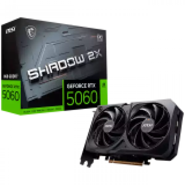 MSI Video Card NVIDIA GeForce RTX 5060 8G SHADOW 2X OC, 8GB GDDR7, 128-bit, 2535 MHz Boost, 3840 CUDA Cores, PCIe 5.0 (x8), 3x DP 2.1b, HDMI 2.1b, RAY TRACING, Dual Fan, 145W TDP, 8-pin PCIe Power, G-SYNC, 2-Slot, 3Y MSI Video Card NVIDIA GeForce RTX 5060 8G SHADOW 2X OC, 8GB GDDR7, 128-bit, 2535 MHz Boost, 3840 CUDA Cores, PCIe 5.0 (x8), 3x DP 2.1b, HDMI 2.1b, RAY TRACING, Dual Fan, 145W TDP, 8-pin PCIe Power, G-SYNC, 2-Slot, 3Y