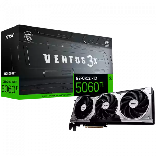 MSI Video Card NVIDIA GeForce RTX 5060 Ti 16G VENTUS 3X OC, 16GB GDDR7, 128-bit, 2617 MHz Boost, 4608 CUDA Cores, PCIe 5.0 (x8), 3x DP 2.1b, HDMI 2.1b, RAY TRACING, Triple Fan, 180W TDP, 8-pin PCIe Power, G-SYNC, 2-Slot, 3Y