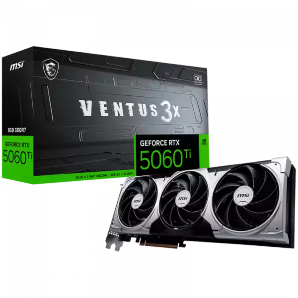 MSI Video Card NVIDIA GeForce RTX 5060 Ti 8G VENTUS 3X OC, 8GB GDDR7, 128-bit, 2617 MHz Boost, 4608 CUDA Cores, PCIe 5.0 (x8), 3x DP 2.1b, HDMI 2.1b, RAY TRACING, Triple Fan, 180W TDP, 8-pin PCIe Power, G-SYNC, 2-Slot, 3Y