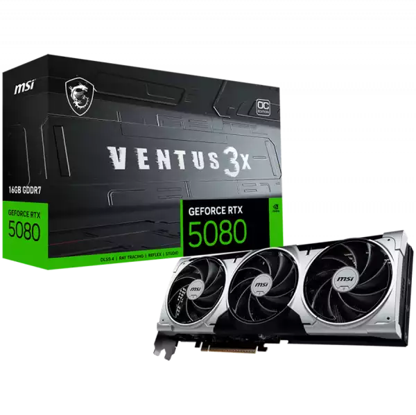 MSI Video Card Nvidia GeForce RTX 5080 16G VENTUS 3X OC PLUS, 16GB GDDR7, 256bit, Effective Memory Clock: 30000MHz, Boost: 2617 MHz, 10752 CUDA Cores, PCIe 5.0, 3x DP 2.1a, HDMI 2.1b, RAY TRACING, Triple Fan, 1x16pin, 850W Recommended PSU, 3Y MSI Video Card Nvidia GeForce RTX 5080 16G VENTUS 3X OC PLUS, 16GB GDDR7, 256bit, Effective Memory Clock: 30000MHz, Boost: 2617 MHz, 10752 CUDA Cores, PCIe 5.0, 3x DP 2.1a, HDMI 2.1b, RAY TRACING, Triple Fan, 1x16pin, 850W Recommended PSU, 3Y