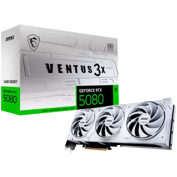 MSI Video Card Nvidia GeForce RTX 5080 16G VENTUS 3X OC WHITE, 16GB GDDR7, 256bit, Effective Memory Clock: 30000MHz, Boost: 2640 MHz, 10752 CUDA Cores, PCIe 5.0, 3x DP 2.1b, HDMI 2.1b, RAY TRACING, Triple Fan, 1x16pin, 850W Recommended PSU, 3Y MSI Video Card Nvidia GeForce RTX 5080 16G VENTUS 3X OC WHITE, 16GB GDDR7, 256bit, Effective Memory Clock: 30000MHz, Boost: 2640 MHz, 10752 CUDA Cores, PCIe 5.0, 3x DP 2.1b, HDMI 2.1b, RAY TRACING, Triple Fan, 1x16pin, 850W Recommended PSU, 3Y