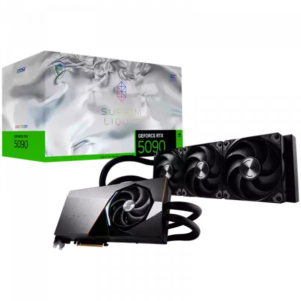 MSI Video Card NVIDIA GeForce RTX 5090 32G SUPRIM LIQUID SOC, 32GB GDDR7, 512-bit, 2580 MHz Boost (Gaming Mode), 21760 CUDA Cores, PCIe 5.0 x16, 3x DP 2.1b, HDMI 2.1b, RAY TRACING, Hybrid Liquid Cooling, 600W TDP, 16-pin PCIe Power, G-SYNC, 3Y