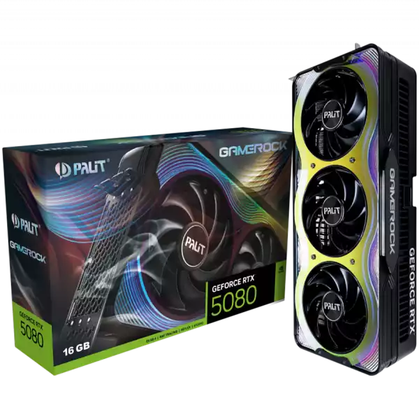 PALIT GeForce RTX 5080 GameRock 16GB GDDR7 256 bit, 1x HDMI 2.1b, 3x DP 2.1b, 3 Fan, 1x 16-pin pwr connector, 850W, 331.9 x 150 x 70.4 mm, NE75080019T2-GB2030G PALIT GeForce RTX 5080 GameRock 16GB GDDR7 256 bit, 1x HDMI 2.1b, 3x DP 2.1b, 3 Fan, 1x 16-pin pwr connector, 850W, 331.9 x 150 x 70.4 mm, NE75080019T2-GB2030G