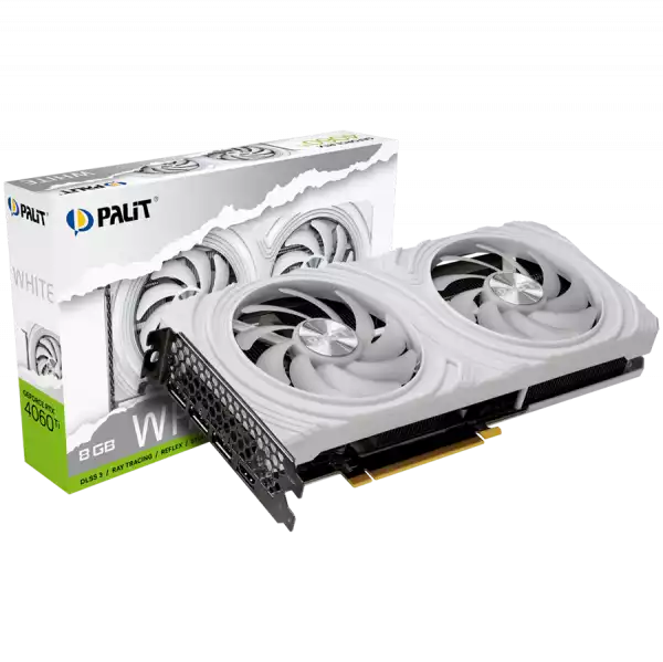 Palit RTX 4060Ti White 8GB GDDR6, 128 bits, 2310/2535 Mhz, 1x HDMI 2.1a, 3x DP 1.4a, two fan, 1x 8-pin Power connector, recommended PSU 650W, NE6406T019P1-1048L Palit RTX 4060Ti White 8GB GDDR6, 128 bits, 2310/2535 Mhz, 1x HDMI 2.1a, 3x DP 1.4a, two fan, 1x 8-pin Power connector, recommended PSU 650W, NE6406T019P1-1048L