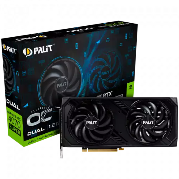 Palit RTX 4070 Super Dual OC 12GB GDDR6X, 192 bit, 1x HDMI 2.1a, 3x DP 1.4a, 2 Fan, 1x 16-pin Power connector, recommended PSU 750W, NED407SS19K9-1043D